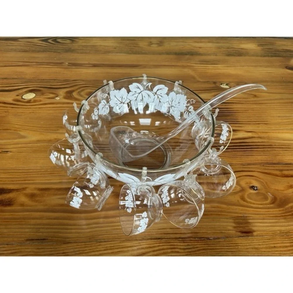 22-PC Vintage Anchor Hocking White Grapes Gold Trim Punchbowl Cups Hangers Ladle